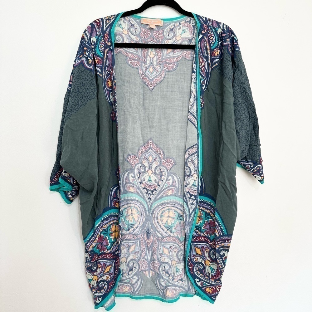 Peach Puff Kimono Top Shirt small Medium Green Floral Blouse Casual Ladies